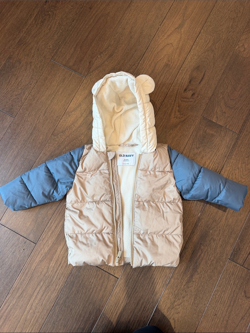 Old Navy Beige and Blue Kids Puffer Jacket with Hood Size 12-18 Months - C34